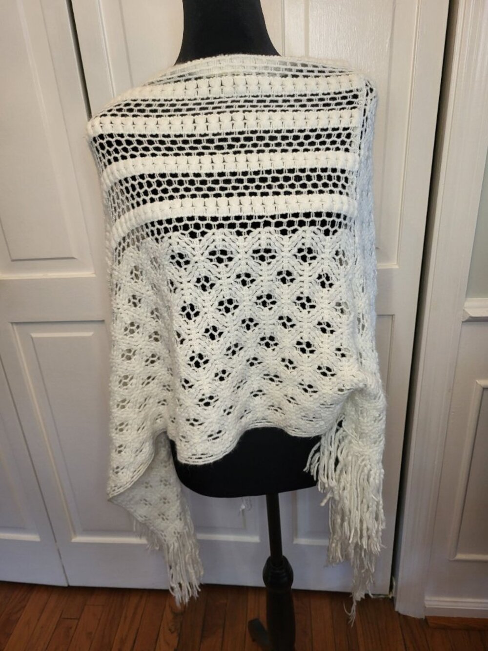Style 101 Ivory Crochet Poncho Fringe OSFM Festival Fairy Boho Coastal Grandma